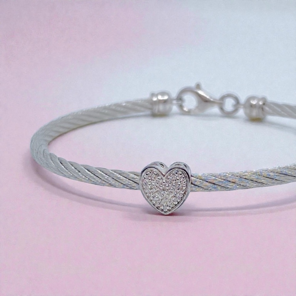Real Diamond Sterling Silver & Stainless Steel Heart Cuff Bracelet Bangle Lovely